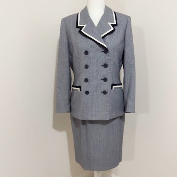 John Meyer of Norwich Blue White 2Pc Jacket Skirt Suit Set Mini Houndstooth 10P - Picture 1 of 8